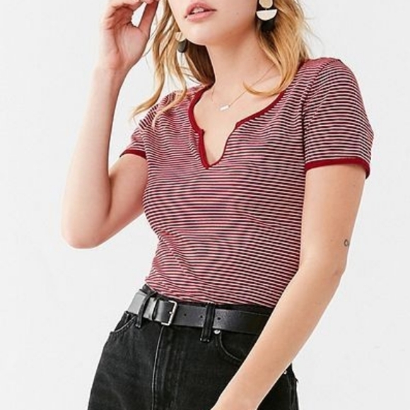Urban Outfitters Truly Madly Deeply Navy Blue Striped V Neck Short Sleeve Top - Picture 2 of 7